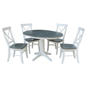 International Concepts Solid Wood 5-Piece Dining Set with 36 in. Round Extension Dining Table and 4 Cross Back Chairs in White/Heather Gray
