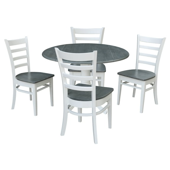 International Concepts Solid Wood 5-Piece Dining Set with 42 in. Dual Drop Leaf Dining Table and 4 Ladder Back Chairs in White/Heather Gray