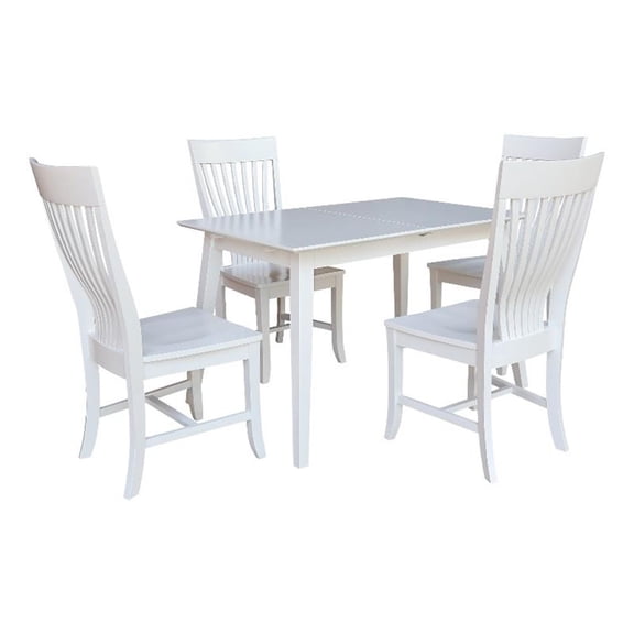 International Concepts Solid Wood 5 Piece Extension Dining Set  Classic White 60" Butterfly Leaf Table and 4 Matching Mission Chairs