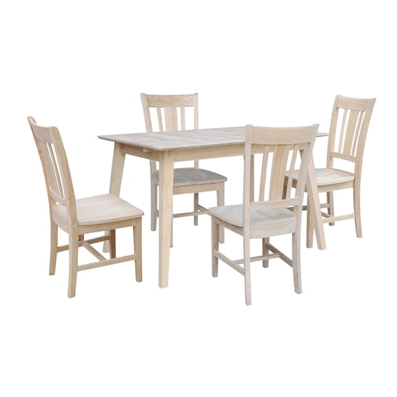International Concepts Solid Wood 5-Piece Extension Dining Set, Unfinished 60" Butterfly Leaf Table and 4 Matching Mission Chairs