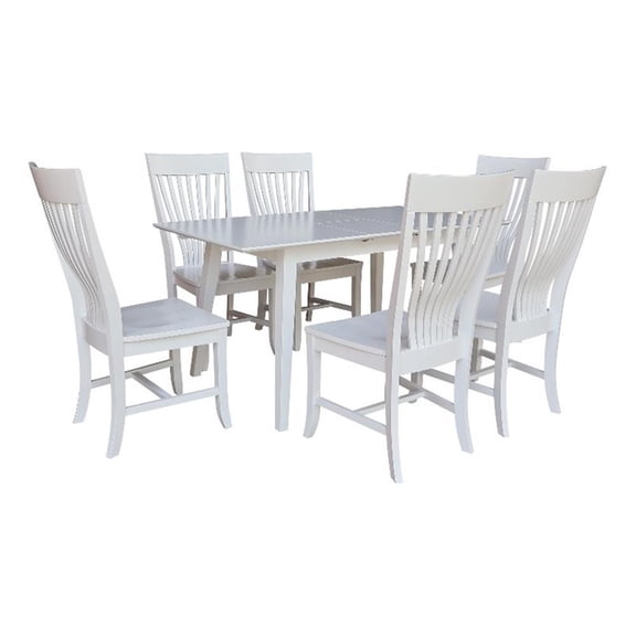 International Concepts Solid Wood 7 Piece Extension Dining Set Classic White 60" Butterfly Leaf Table and 6 Matching Mission Chairs