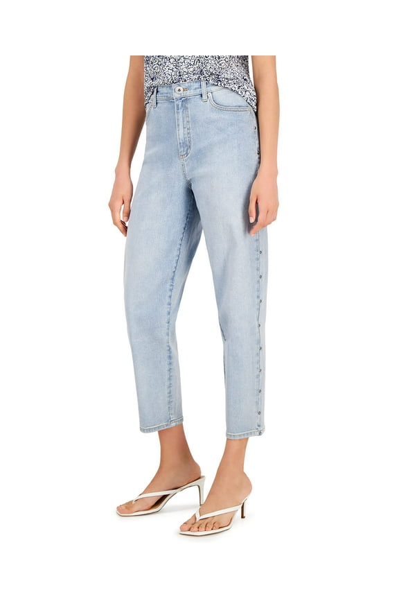 International Concepts Women's High Rise Studded Cropped Mom Jeans Blue, Size 8/29