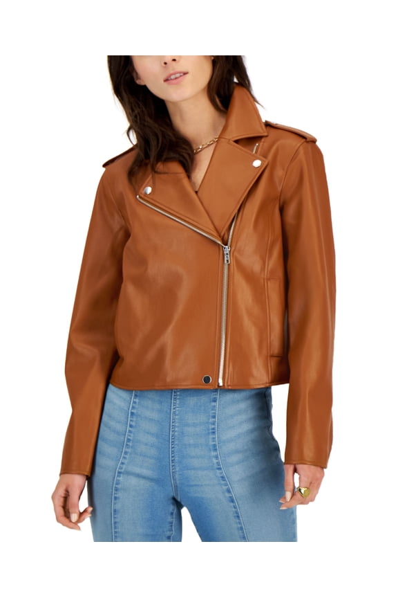 International Concepts Womens Faux Leather Jacket Cinnamon L