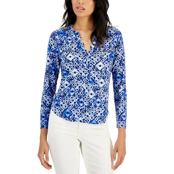International Concepts Womens Print Zip Pocket Top In Dharma Dye PS