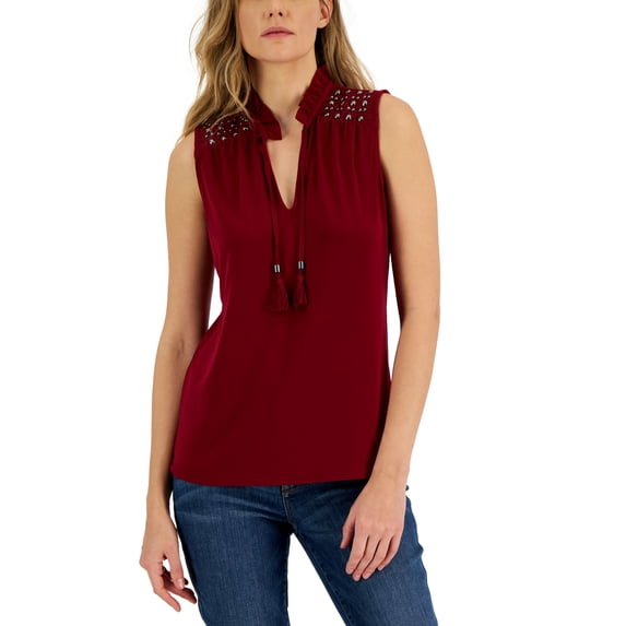 International Concepts Womens Sleeveless Crochet Split Neck Top Ruby Slippers S