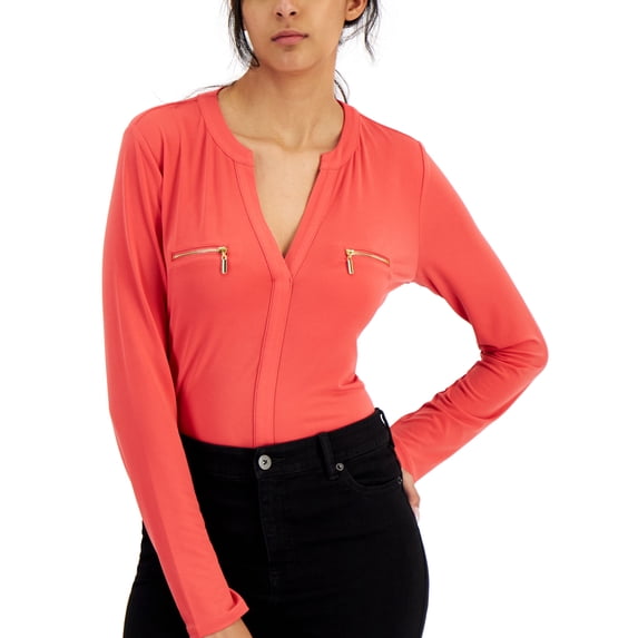 International Concepts Womens Zip Pocket Blouse Coral Lipstick L