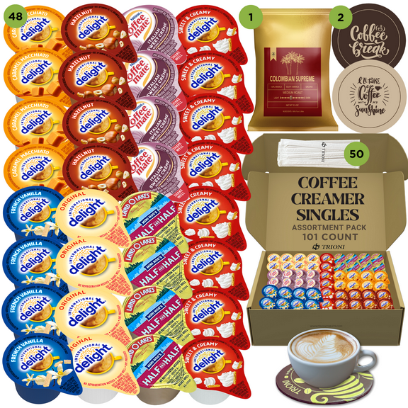 International Delight Coffee Creamer Singles with Colombian Supreme Ground Coffee - 101ct of Italian, Sweet Cream and 5 more Flavored Pods with 1x2.5 oz TRIONI Medium Roast Coffee Packets
