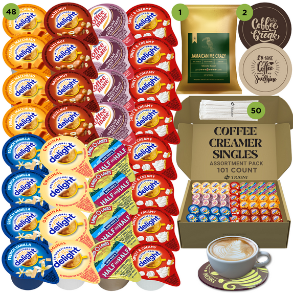 International Delight Coffee Creamer Singles with Jamaican Me Crazy Ground Coffee - 101ct of Italian, Sweet Cream and 5 more Flavored Pods with 1x2.5 oz TRIONI Medium Roast Coffee Packets