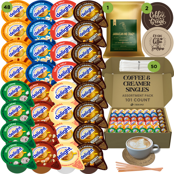 International Delight Coffee Creamer Singles with Jamaican Me Crazy Ground Coffee Packets - 101 ct - Hersheys, Irish and 5 More Flavored Creamer Pods with 1x 2.5 oz Coffee Bag