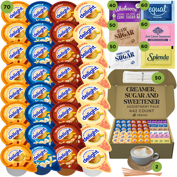 International Delight Coffee Creamer Singles Variety Pack with Sweetener Packets and Sugar Packets Assortment - 442ct - Caramel Macchiato and 3 More Flavored Creamer Pods