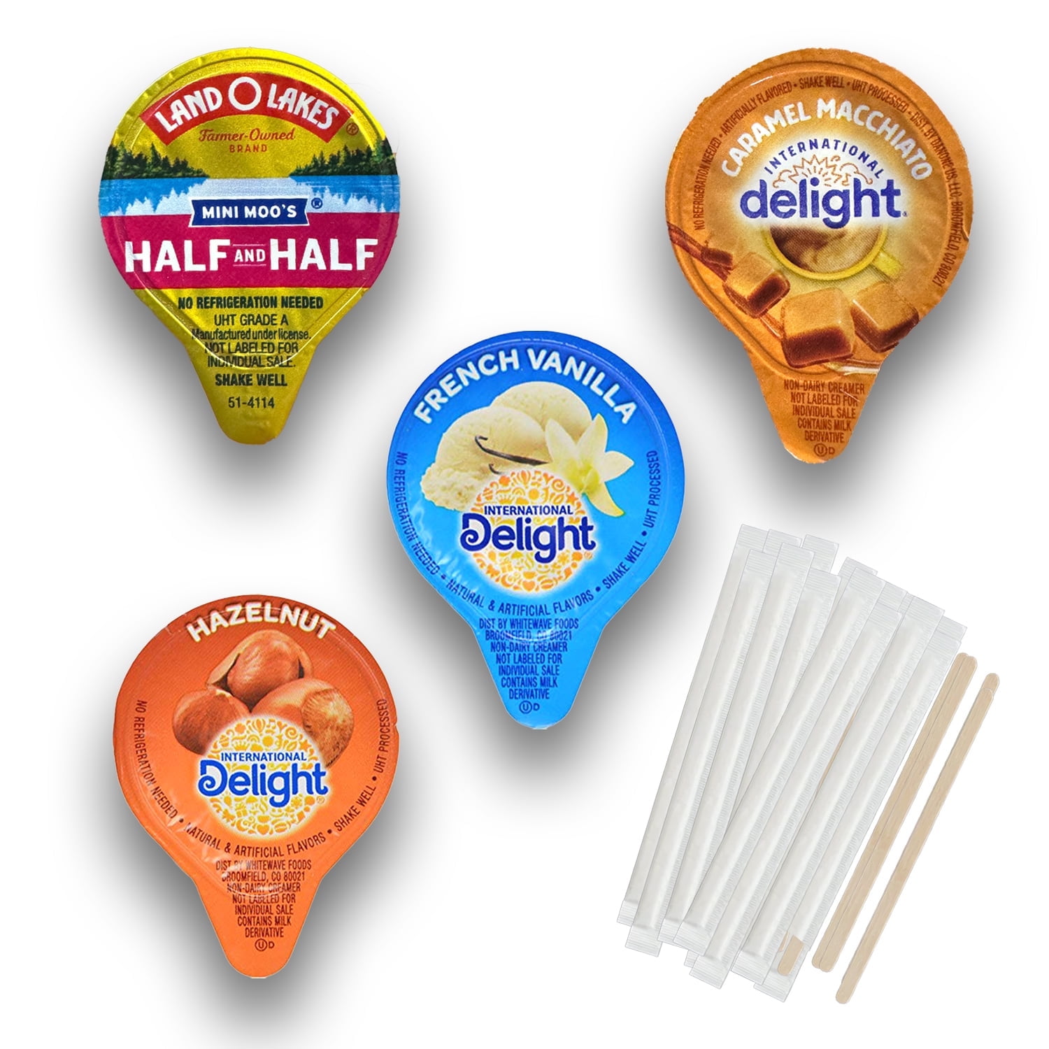 International Delight Hazelnut, French Vanilla, Caramel Macchiato + Land O Lakes Mini Moo's Half and Half Coffee Creamers + Wooden Stirrers l Pack of 60