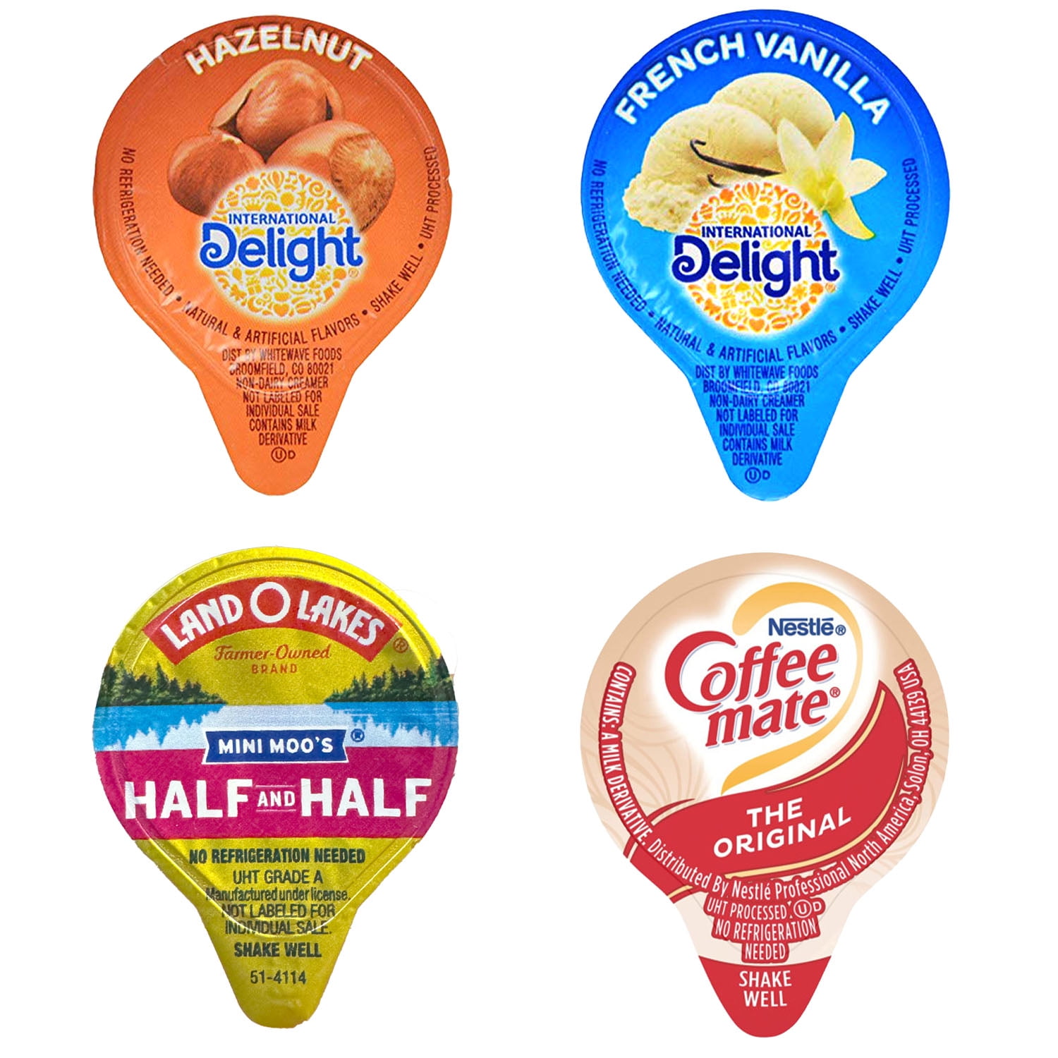 International Delight Hazelnut, French Vanilla + Coffee Mate Original + Land O Lakes Mini Moo's Half and Half Coffee Creamers l Pack of 48