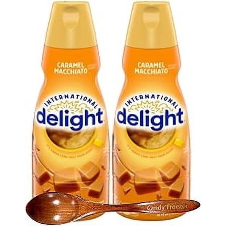 International-Delight Liquid Coffee Creamer (Caramel Macchiato) Two 32 fl oz Bottles of Rich, Tropical Flavor with Bonus Wooden Spoon – Sweet and Creamy – Wooden Spoon