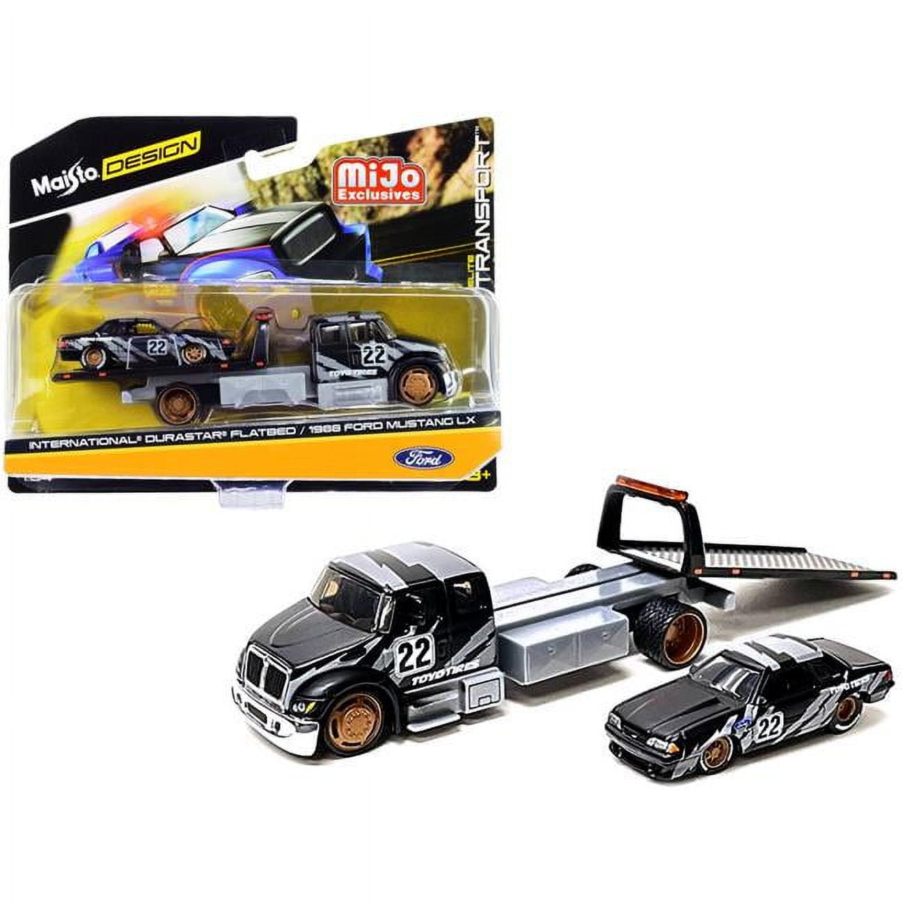 Maisto 15055-21TY 2.75 x 6 in. 1-64 Scale Diecast International Durastar Flatbed Truck No.22 & 1988 Ford Mustang Lx No.22 Graphics Toyo Tires Elite Transport Series Model Car, Matt Black & Gray