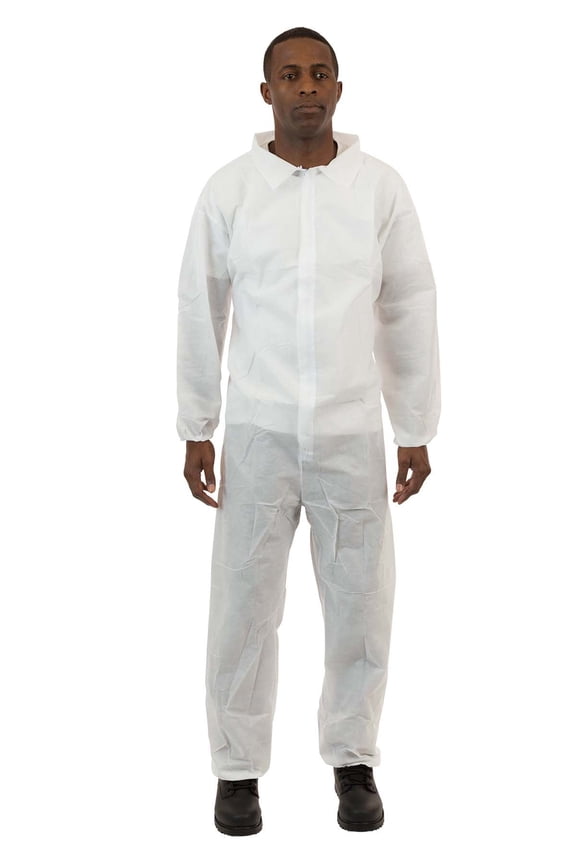 International Enviroguard – Standard Weight 3 Layer SMS General Protective Coverall for General Cleanup (White) Elastic Wrist & Ankle, L, (25 per case)