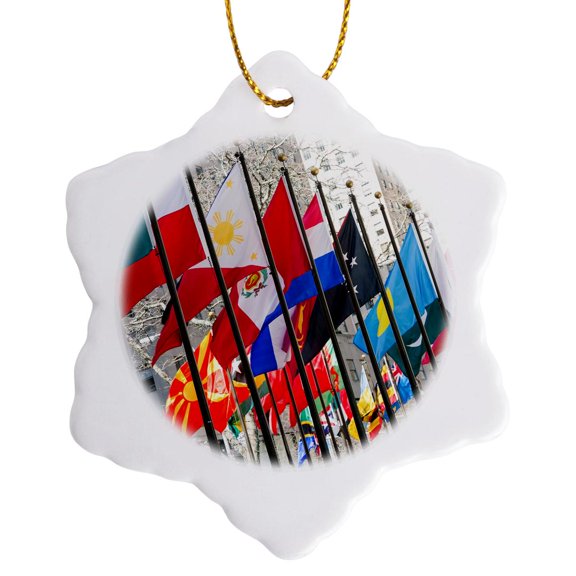 3drose, International Flags, New York City, Ny, Usa, 3 inch Snowflake Porcelain Ornament