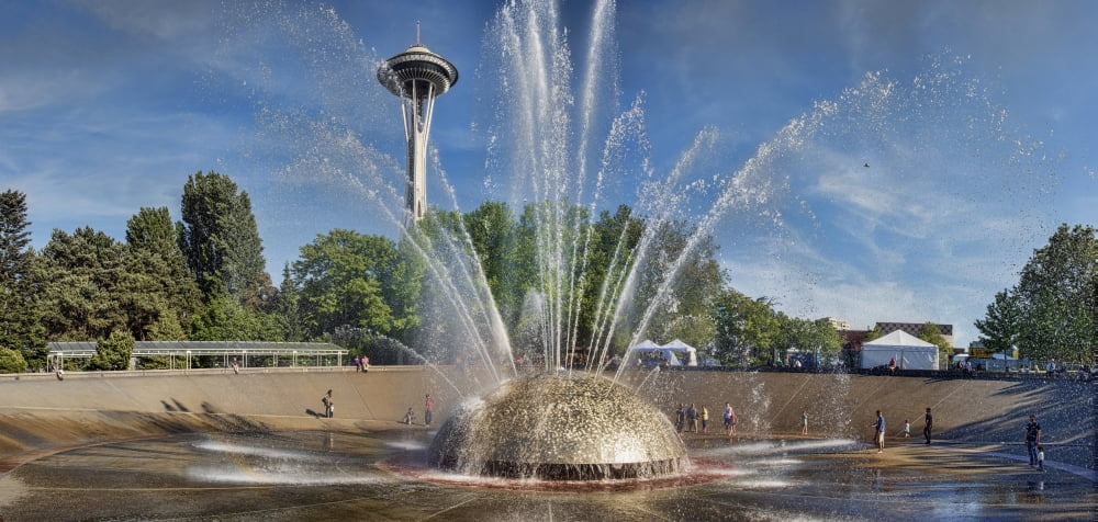 International Fountain with Space Needle in the background Seattle Center Seattle King County Washington State USA Canvas Art - Panoramic Images (27 x 9)