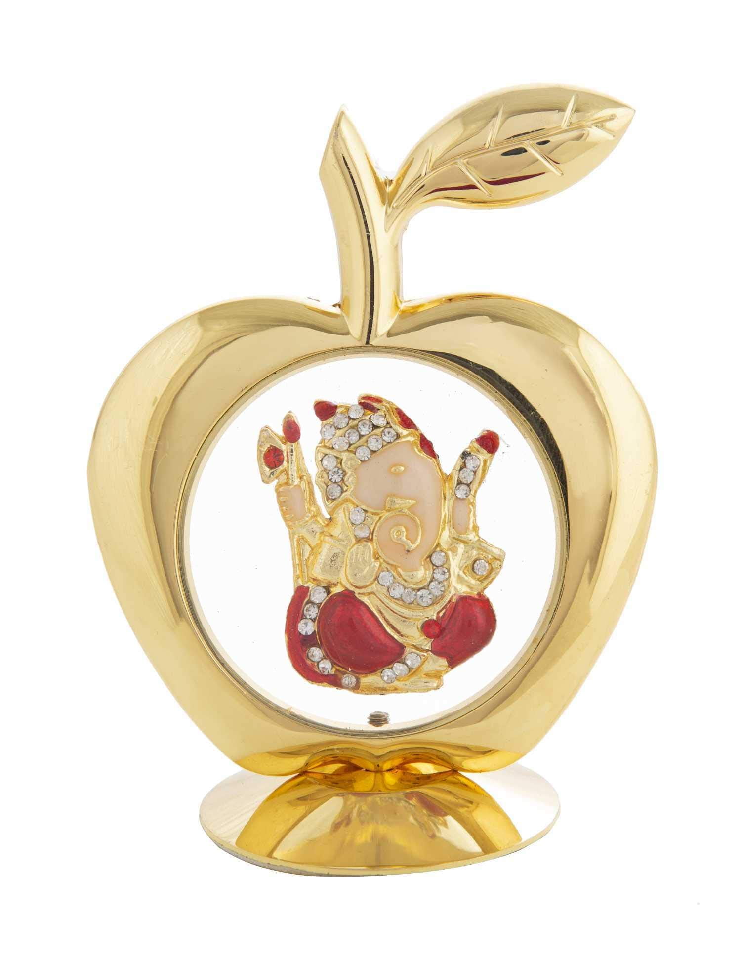 International Gift Golden Apple Shape Pagdi Ganesha Ganpati 10 Cm Ganesh Car Dashboard God Idol