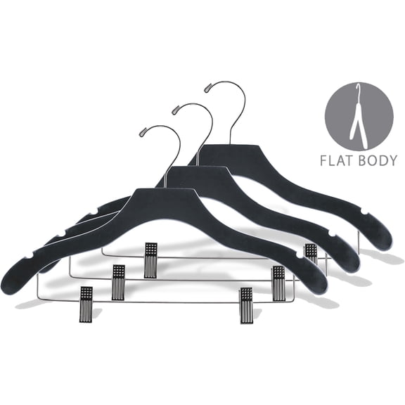 International Hanger, Black Wavy Wood Combo Hanger w/Adjustable Cushion Clips, 25 Pack