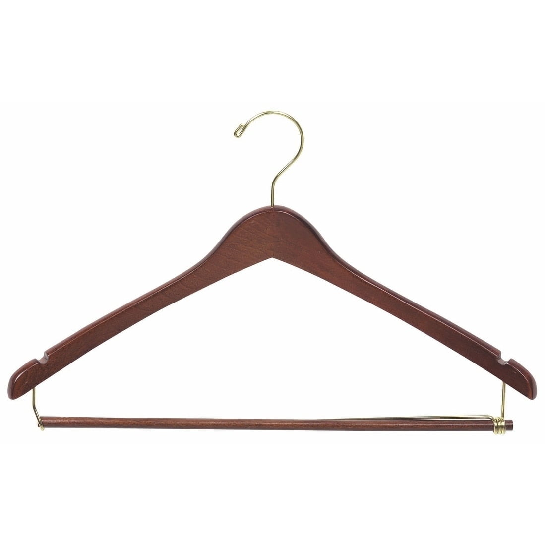 International Hanger, Walnut Wood Curved Suit Hanger w/Locking Bar, Brass Swivel Hook, 100 Pack