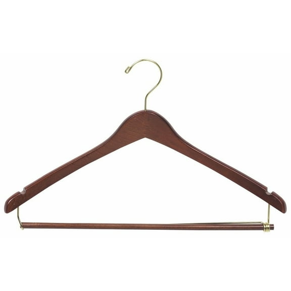 International Hanger, Walnut Wood Curved Suit Hanger w/Locking Bar, Brass Swivel Hook, 100 Pack