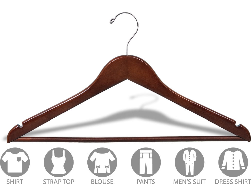 International Hanger Walnut Wood Suit Hanger with Solid Wood Bar, 100 Pack