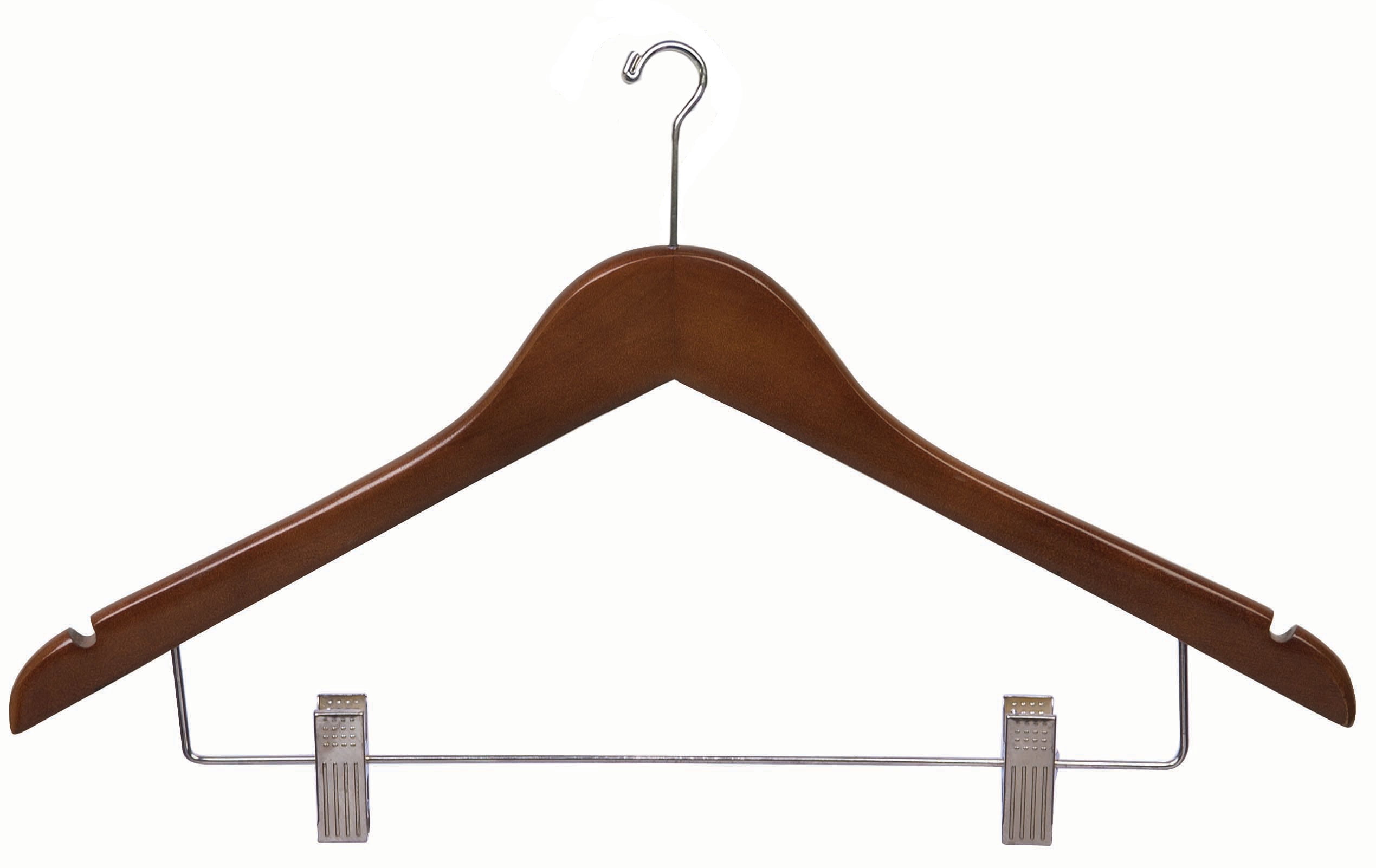 International Hanger Wooden Combo Security Hanger with Mini Hook, Walnut Finish with Chrome Hardware, Box of 100