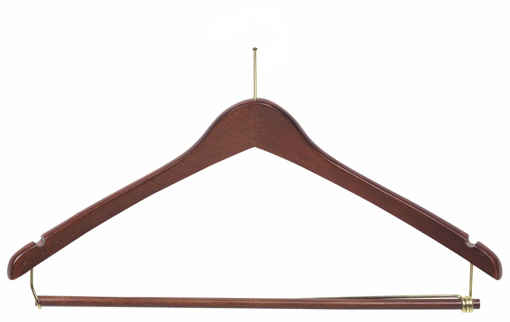 International Hanger Wooden Curved Suit Hanger w/Locking Bar, Walnut Finish with Brass Hardware, Box of 100