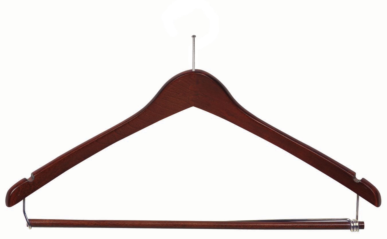International Hanger Wooden Curved Suit Hanger w/Locking Bar, Walnut Finish with Chrome Hardware, Box of 100