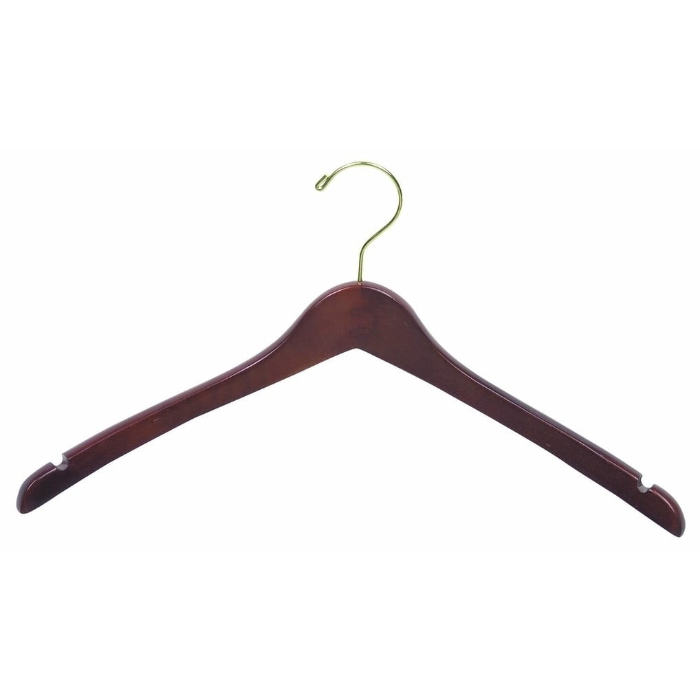 International Hanger Wooden Curved Top/Coat Hanger, Walnut Finish with Brass Hardware, Box of 25