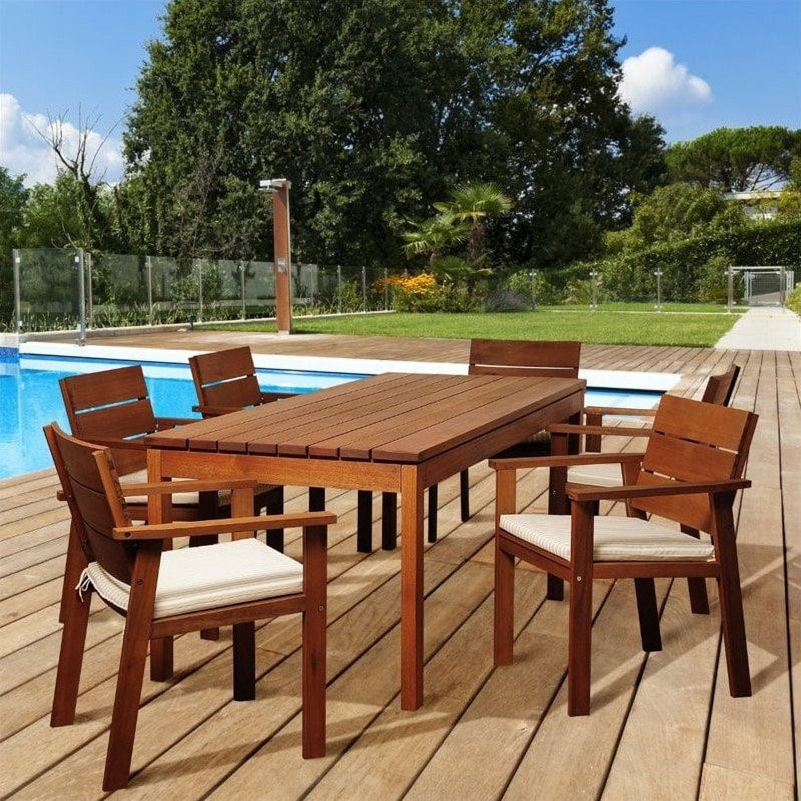 Amazonia Gerald 7 Piece Eucalyptus Rectangular Patio Dining Set with Off-White & Beige Striped Cushions