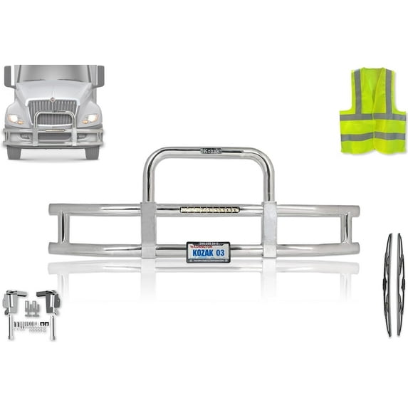 International LT625 Grille Deer Bumper Guard w/ Built in 16'' LED Bar Chrome (Kozak)