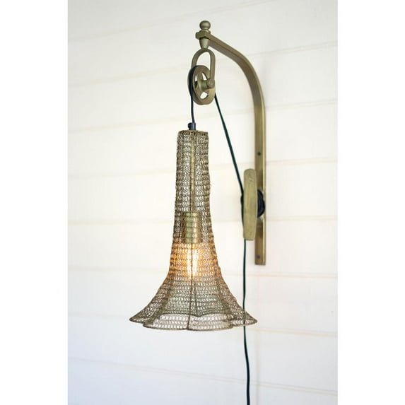 International Link Antique Brass Pulley Wall Lamp With Wire Brass Shade