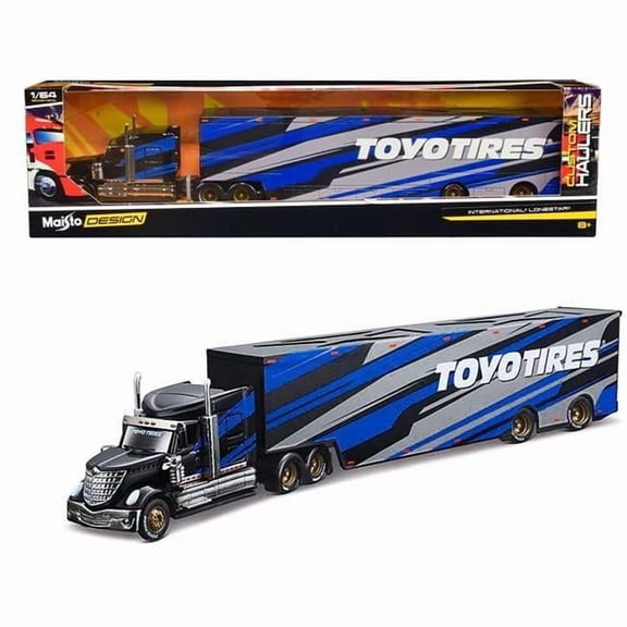 International LoneStar Enclosed Car Transporter "Toyo Tires" Black with Blue and Gray Stripes 1/64 Diecast Model by Maisto