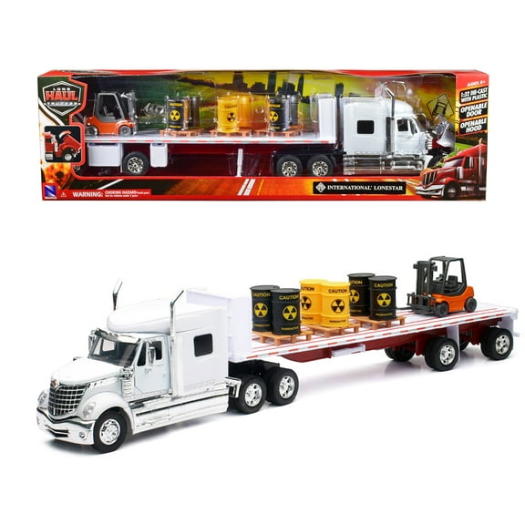 International Lonestar Flatbed Truck White with 6 Toxic Barrels, 3 Pallets and Forklift 1/32 Diecast Model by New Ray