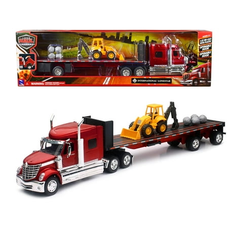 International Lonestar Truck with Flatbed Trailer Red Metallic with Front Loader and Rocks 1/32 Diecast Model by New Ray
