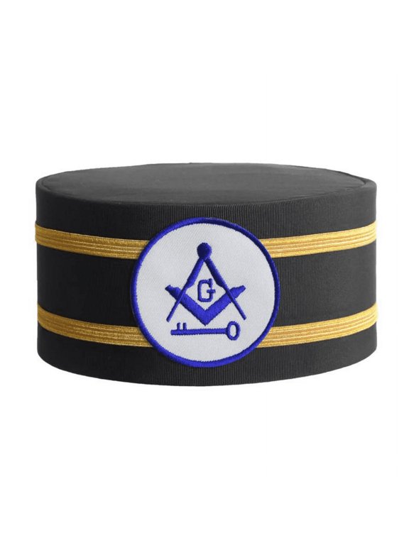 International Masons Crown Cap - Black Rayon with White & Blue Master Mason Emblem and Double Gold Braid,