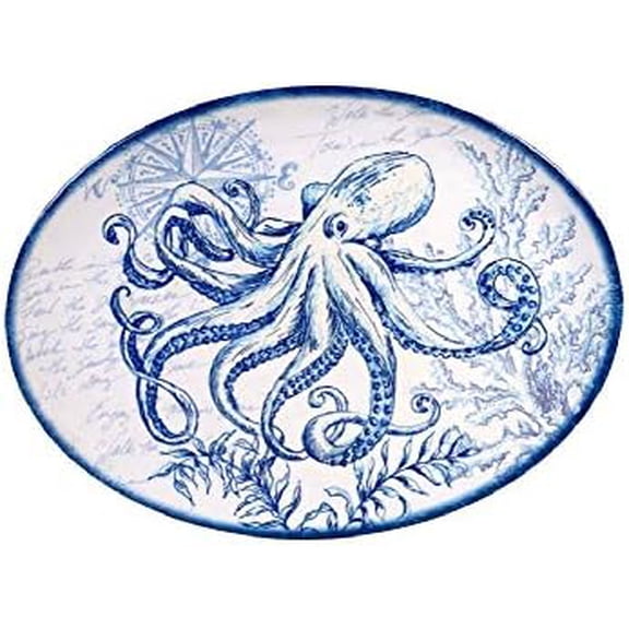 International Octopus Nautical Oval Serving Platter Oceanic 18 x 13.5 Melamine Blue White