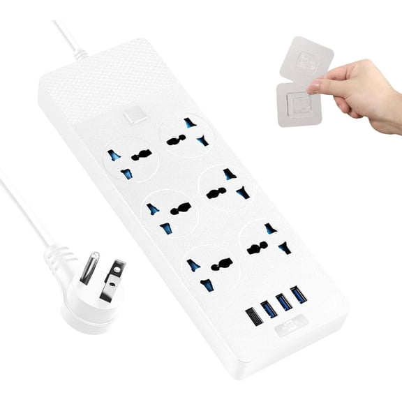 International Power Adapter with 6 Universal Outlet 4 USB Ports (1 USB C), 6ft Travel Power Strip, EU UK to US Plug Adapter, 110-240v, 3000w Extension Cord for Home Office White