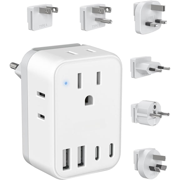 International Power Adapter Set,  to EU/UK/AUS/  Travel Adapter- 4 AC Outlets 4 USB Ports (2 USB C), Worldwide Travel Plug Adapter Kit Include Type F/G/I/C/B/A Detachable Charger Plug