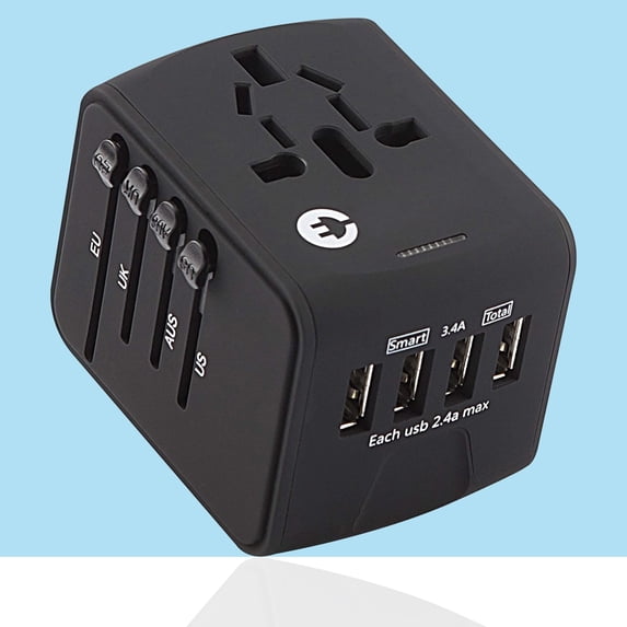 International Power Adapter, Universal Worldwide Travel Charger with 2.4A 4 USB All in One Wall Charger for Euro, AUS, UK, USA (Black)