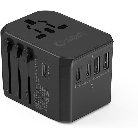 International Power Plug Adapter, Unidapt Universal Travel Adapter with 3 USB C and 2 USB A Ports, European Worldwide Wall Charger for EU UK AUS USA, Black