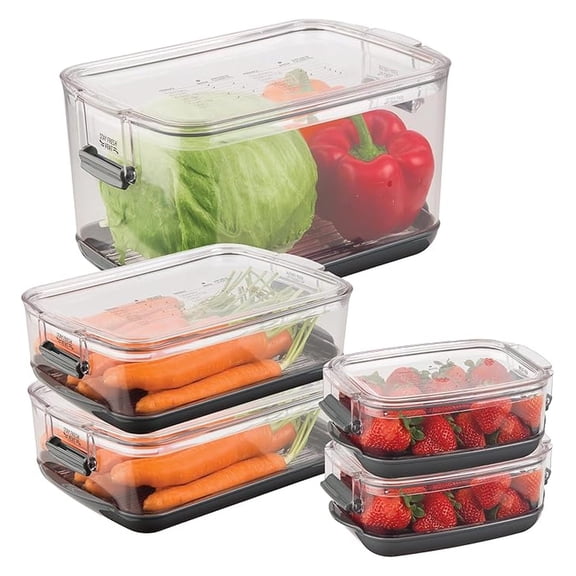 International Prepworks ProKeeper Food Produce Storage Container Set, 5- Piece, Clear Containers with Gray Sealed Tight Lids