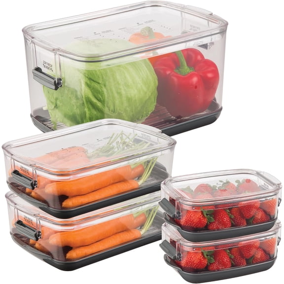 International Prepworks ProKeeper Produce Storage Container Set, 5- , Clear Containers with Gray Sealed Tight