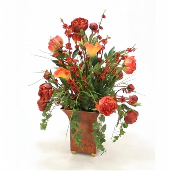 International Rust Red Peonies, Calla Lillies & Grass in a Large Square Tole Planter