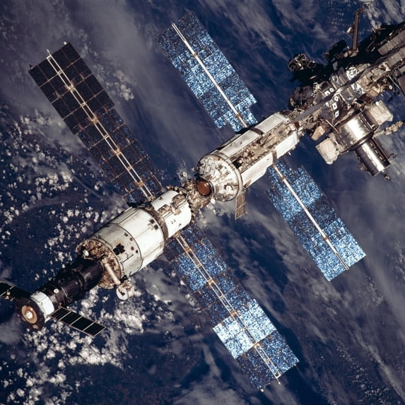 International Space Station In 2001. Overhead Close-Up View Of The Expanded International Space Station. At Lower Left A