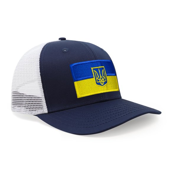 International Tie Country Hat for Men and Women, Adjustable Snapback Trucker Baseball Cap with Embroidered Patch (Ukraine, Navy White)