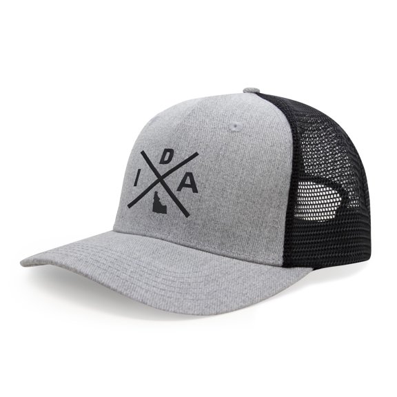 International Tie Hat for Men and Women, Adjustable Snapback Trucker Baseball Cap, Embroidered Cross Logo (IDA - Idaho, Grey Black)