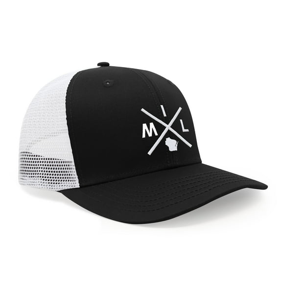 International Tie Hat for Men and Women, Adjustable Snapback Trucker Baseball Cap, Embroidered Cross Logo (MIL - Milwaukee, Black White)