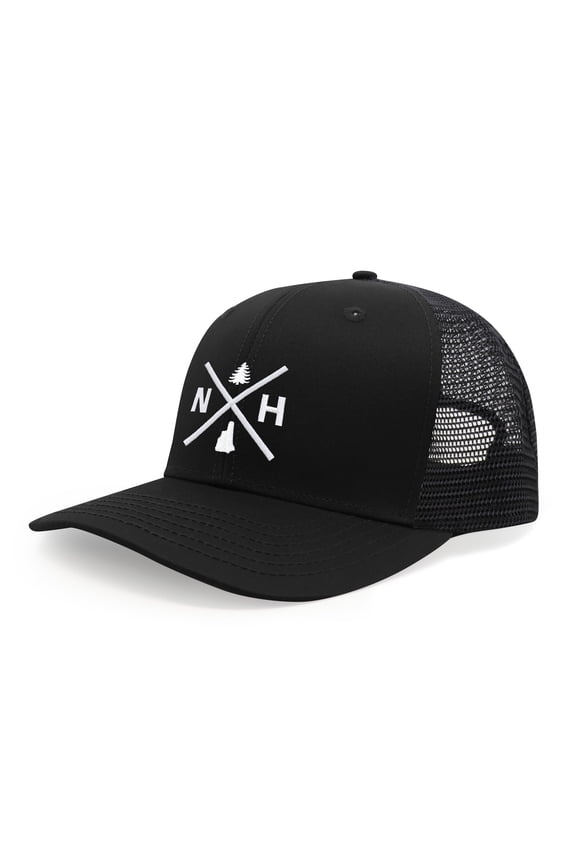 Hat for Men and Women, Adjustable Snapback Trucker Baseball Cap, Embroidered Cross Logo (NH- New Hampshire, All Black)